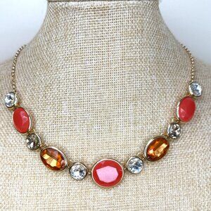 Monet Statement Necklace Gold-Tone With Red Orange & Clear Cabochon & Crystal St